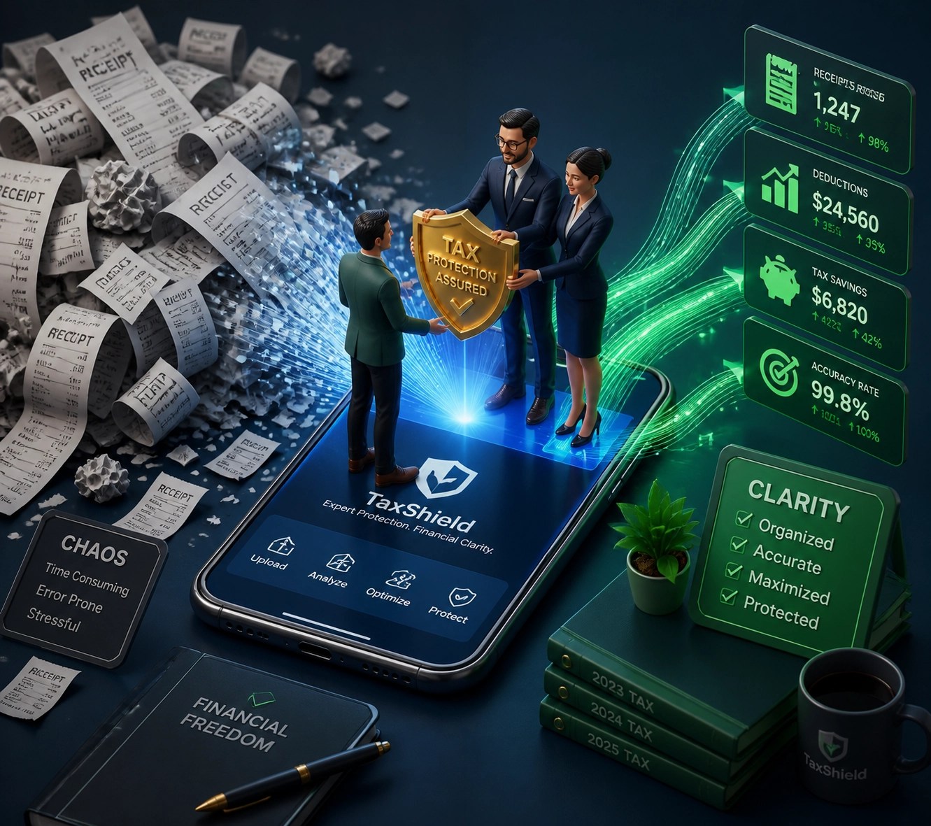 Professional tax experts helping a business owner organize receipts and protect income with a mobile app.