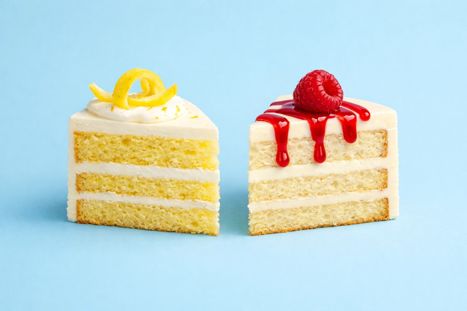 Slices of lemon cake and white chocolate raspberry cake representing a perfect wedding flavour pairing.