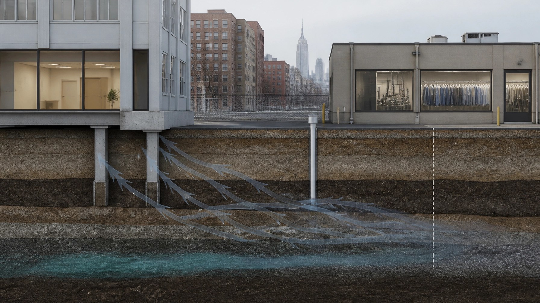 Technical environmental cross-section showing urban foundations, layered soil, monitoring points, and vapor migration pathways