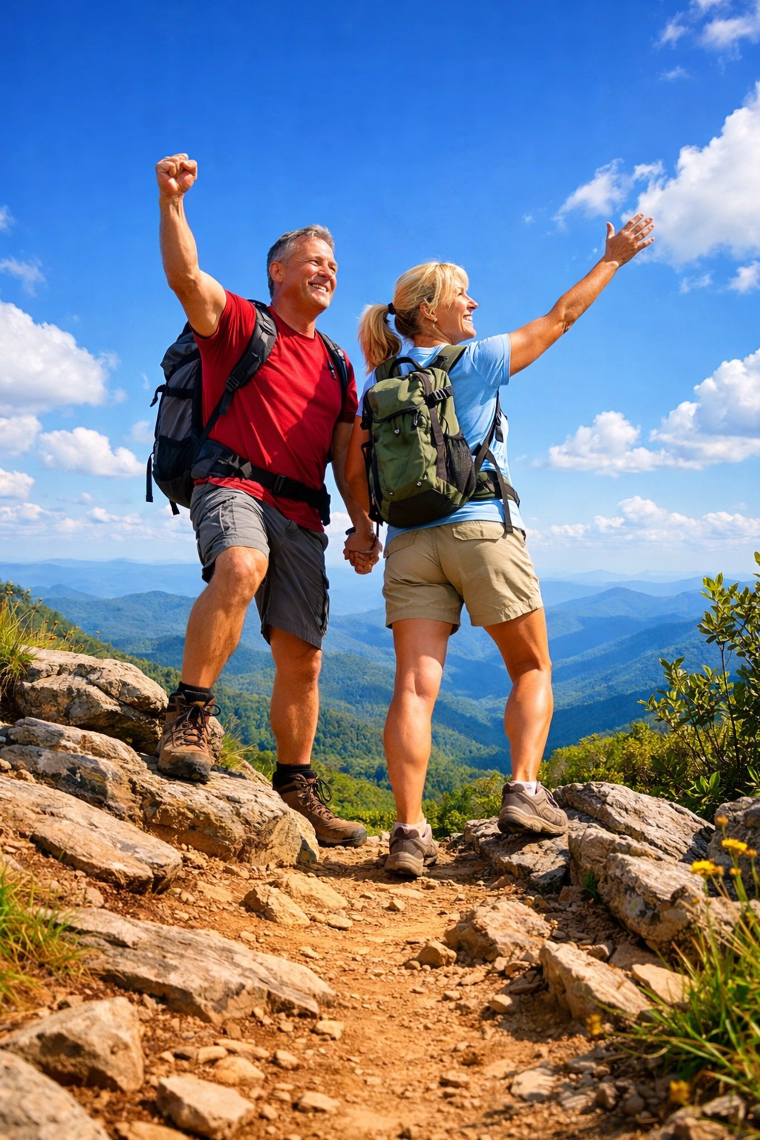 Active couple hiking in North Georgia, representing financial freedom and life insurance living benefits.