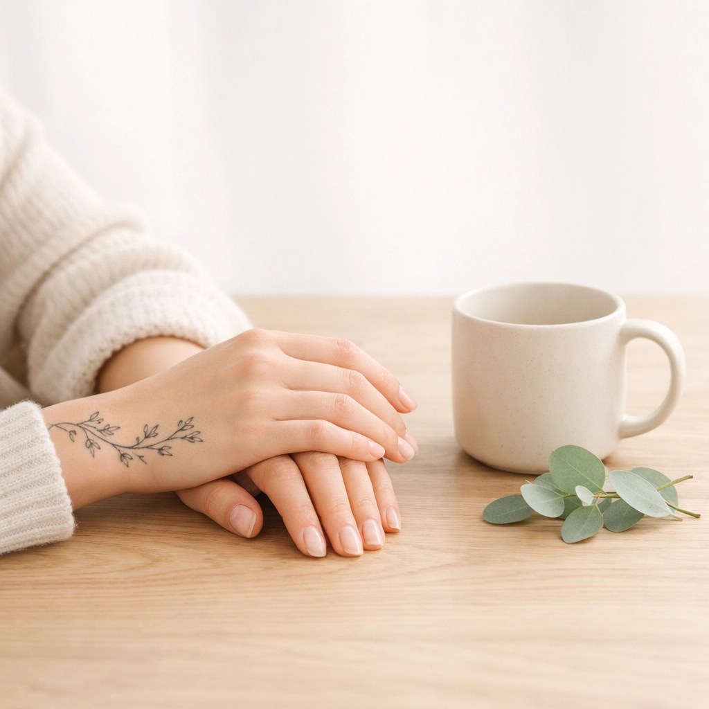 The Alternative Mom’s Guide to Grace: Finding God in the Unconventional 6 Tattooed woman's hands by a mug, reflecting unconventional grace and an alternative mom lifestyle.