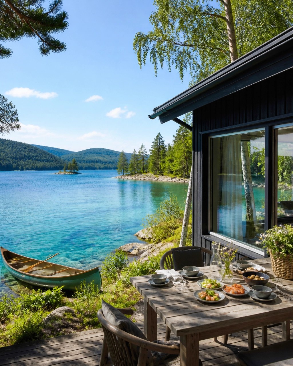 A secluded Swedish lakeside hotel with turquoise water, forest scenery and a Nordic outdoor dining setting