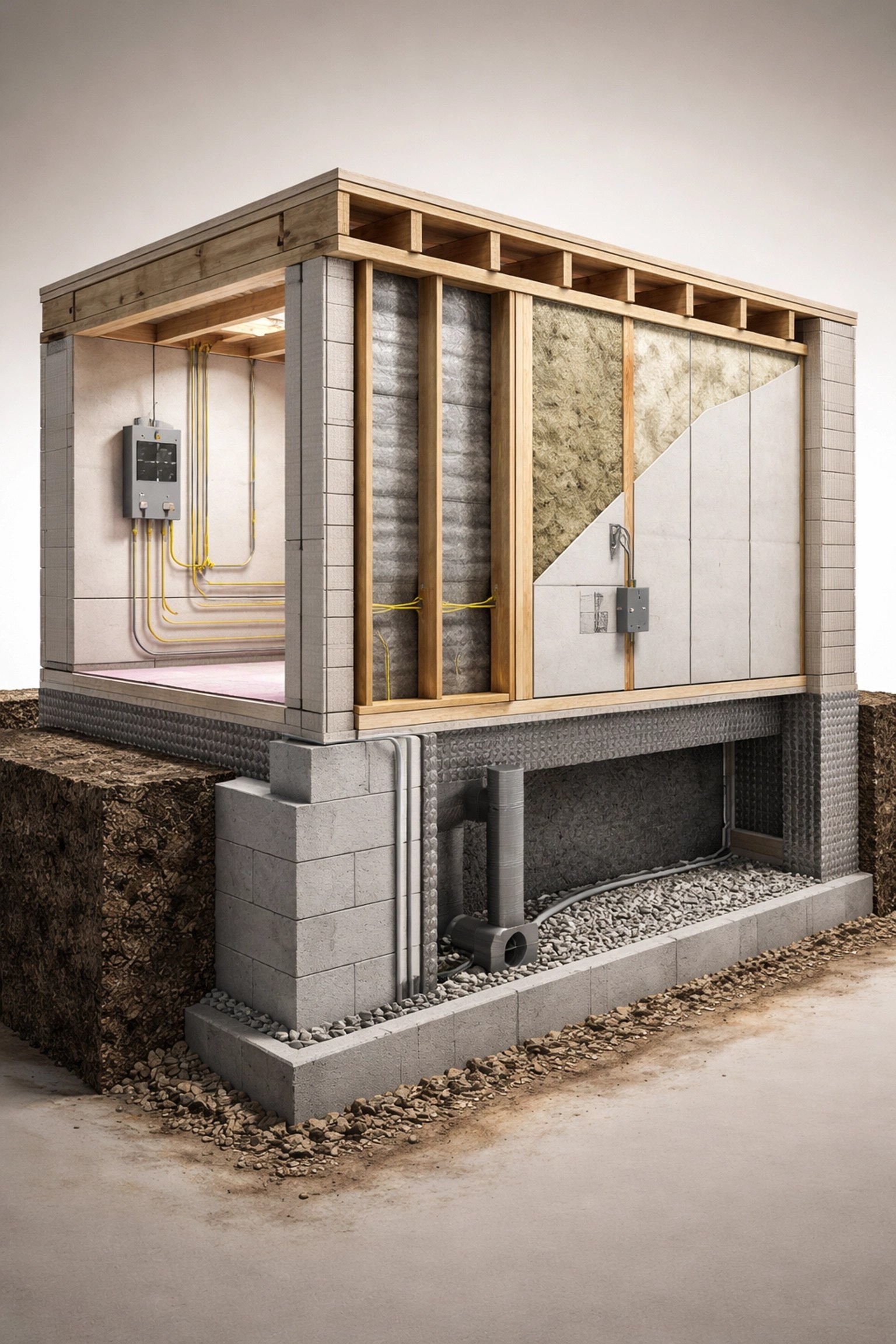 Cutaway view of a home's sturdy foundation and insulated walls, illustrating benefits of high-quality construction.