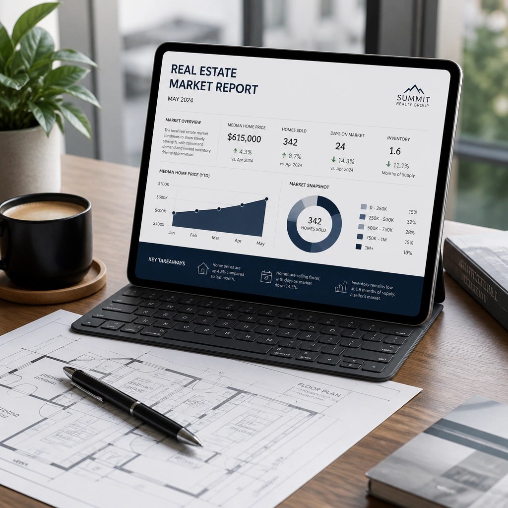 A professional desktop setup featuring a clean real estate market report on a tablet and blueprints