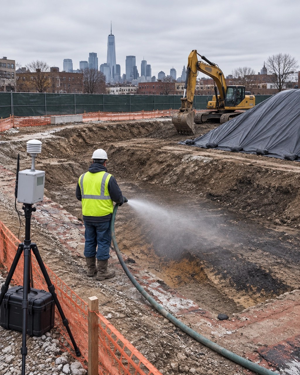 Urban excavation with dust suppression, perimeter air monitoring, and covered lead-impacted soil stockpile