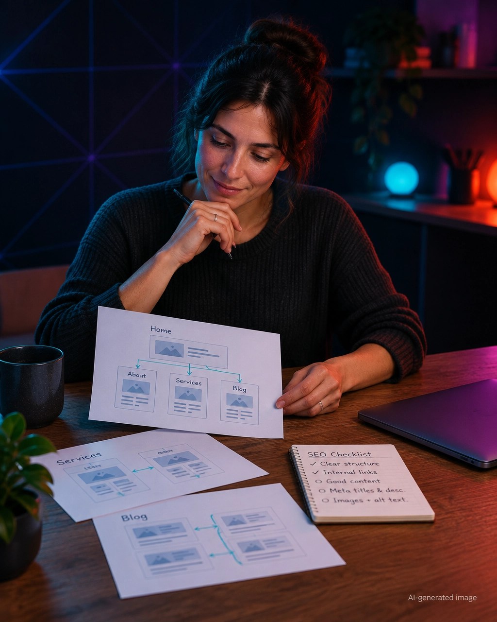 Founder organizing a simple website checklist and page structure