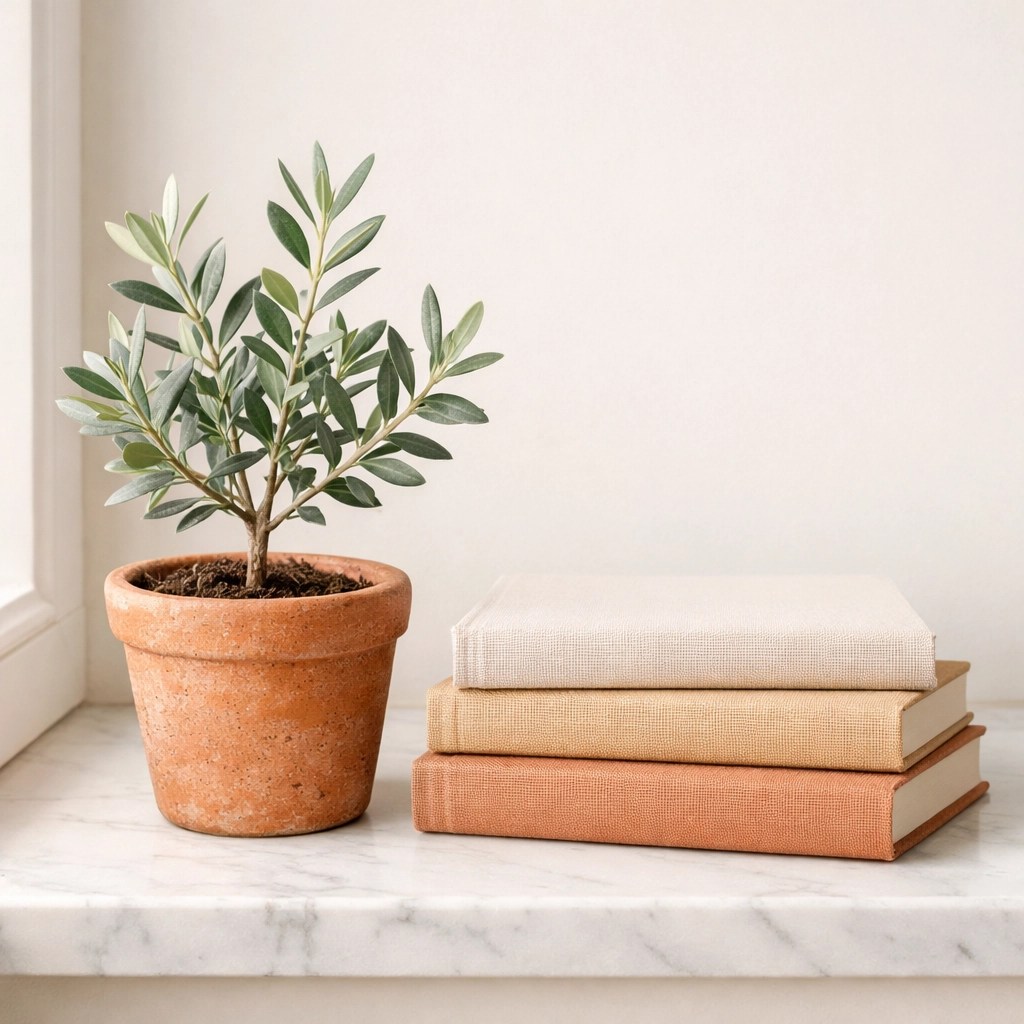 A thriving olive plant beside stacked Bible journals, symbolizing deepening spiritual roots and growth through study.