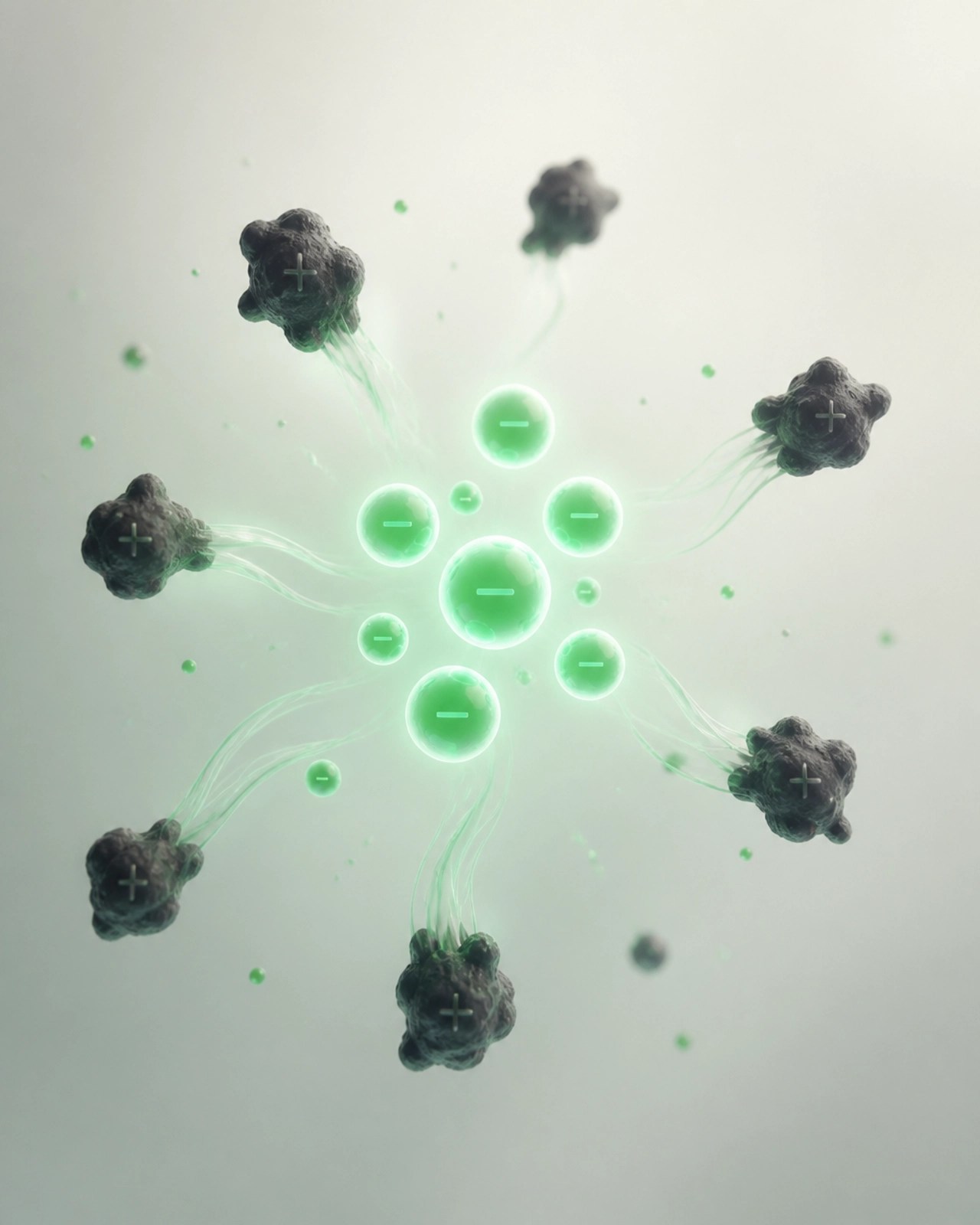 Abstract illustration of negatively charged clay particles attracting positively charged toxins