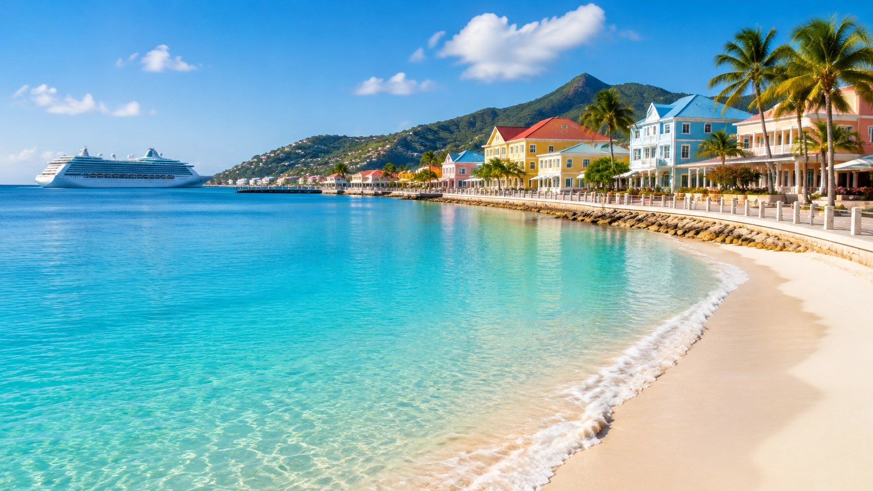 Philipsburg and Great Bay Beach in St. Maarten on a bright, sunny day
