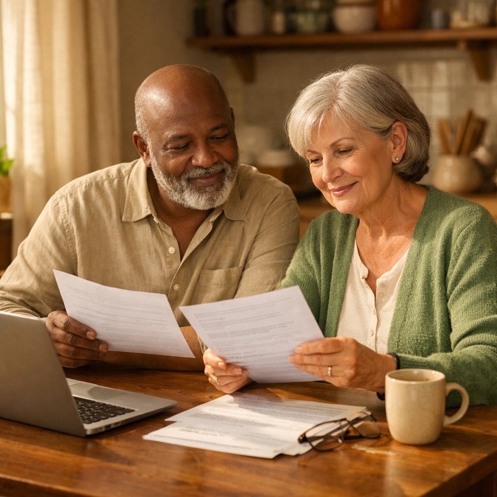 Retired couple reviewing retirement income plan together at home with confidence