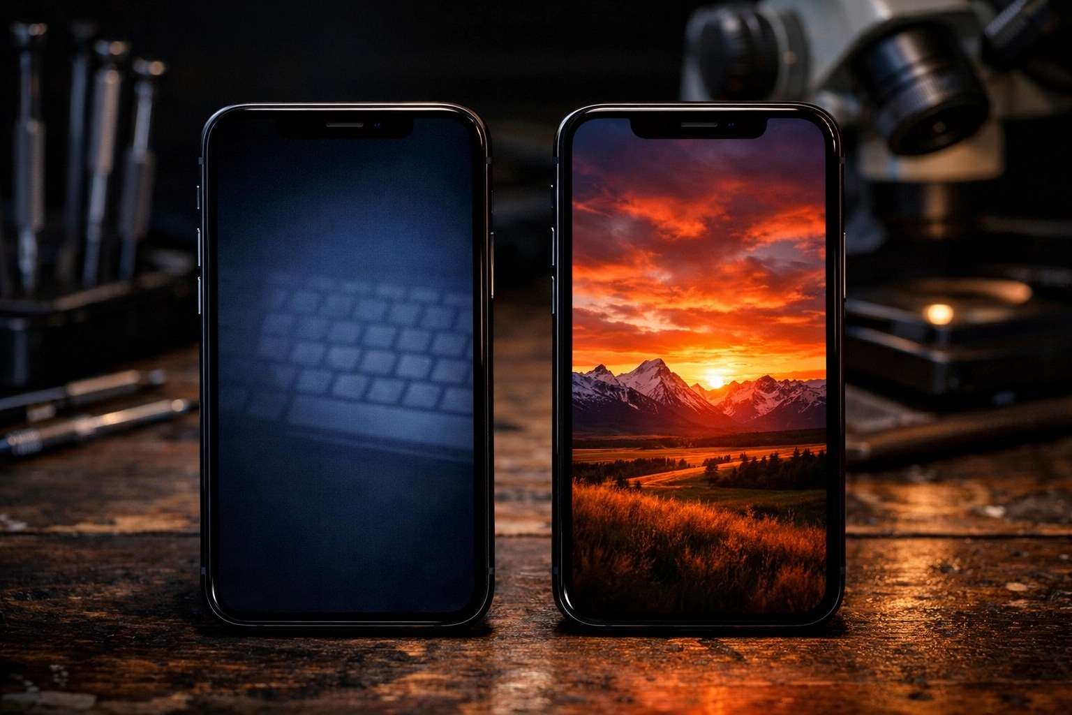 Side-by-side comparison of a cheap aftermarket iPhone screen versus a vibrant high-quality screen replacement.