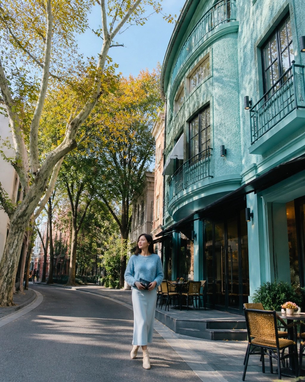 A leafy former French Concession lane in Shanghai during bright autumn daylight