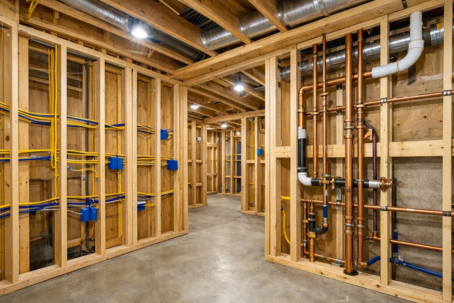 Travaux de plomberie et d'électricité dans la structure en bois d'un sous-sol à Trois-Rivières.