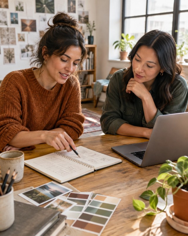 A designer and strategist collaborate at a laptop while reviewing a campaign idea.