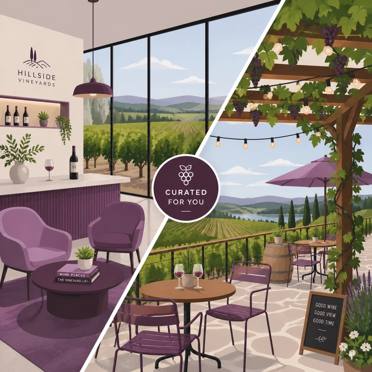 Customizable wine tour options featuring indoor tasting rooms and outdoor vineyard views.