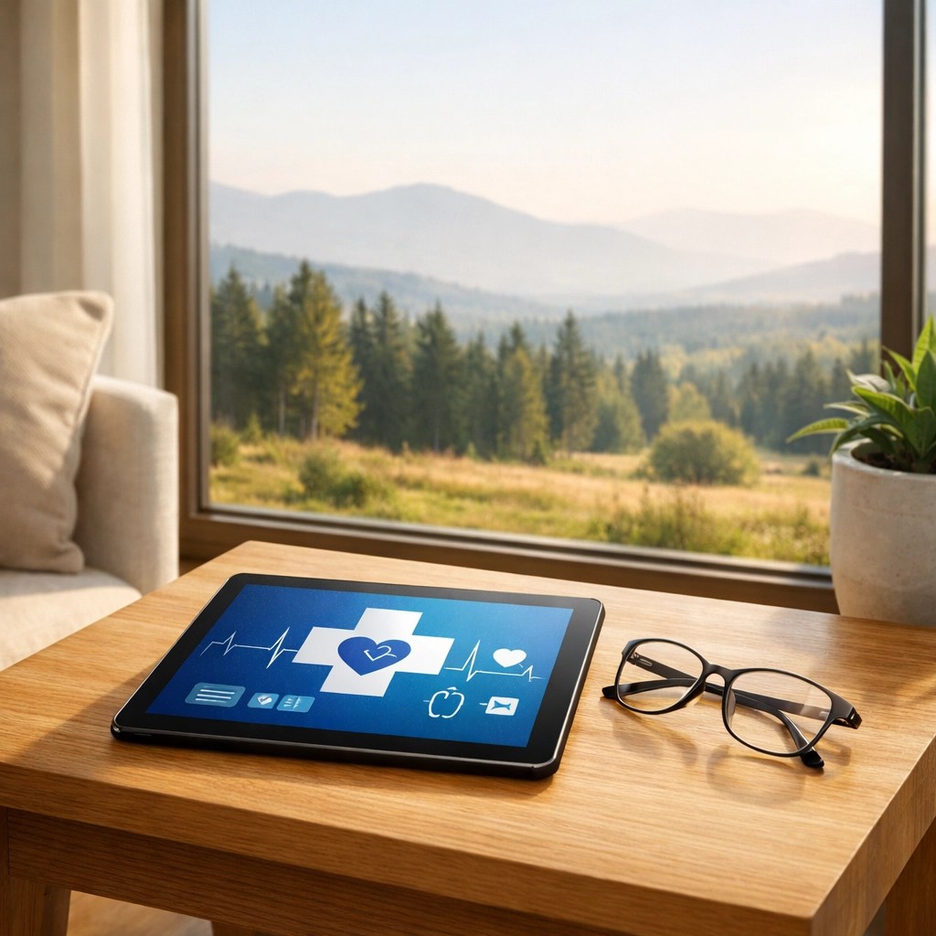 A tablet and glasses on a table in a rural home illustrating telehealth access for remote patients.