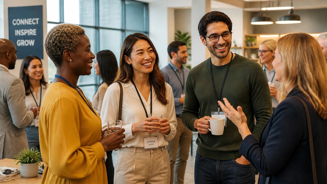 A warm, universal networking scene with diverse professionals in conversation at a welcoming, sophisticated event space.