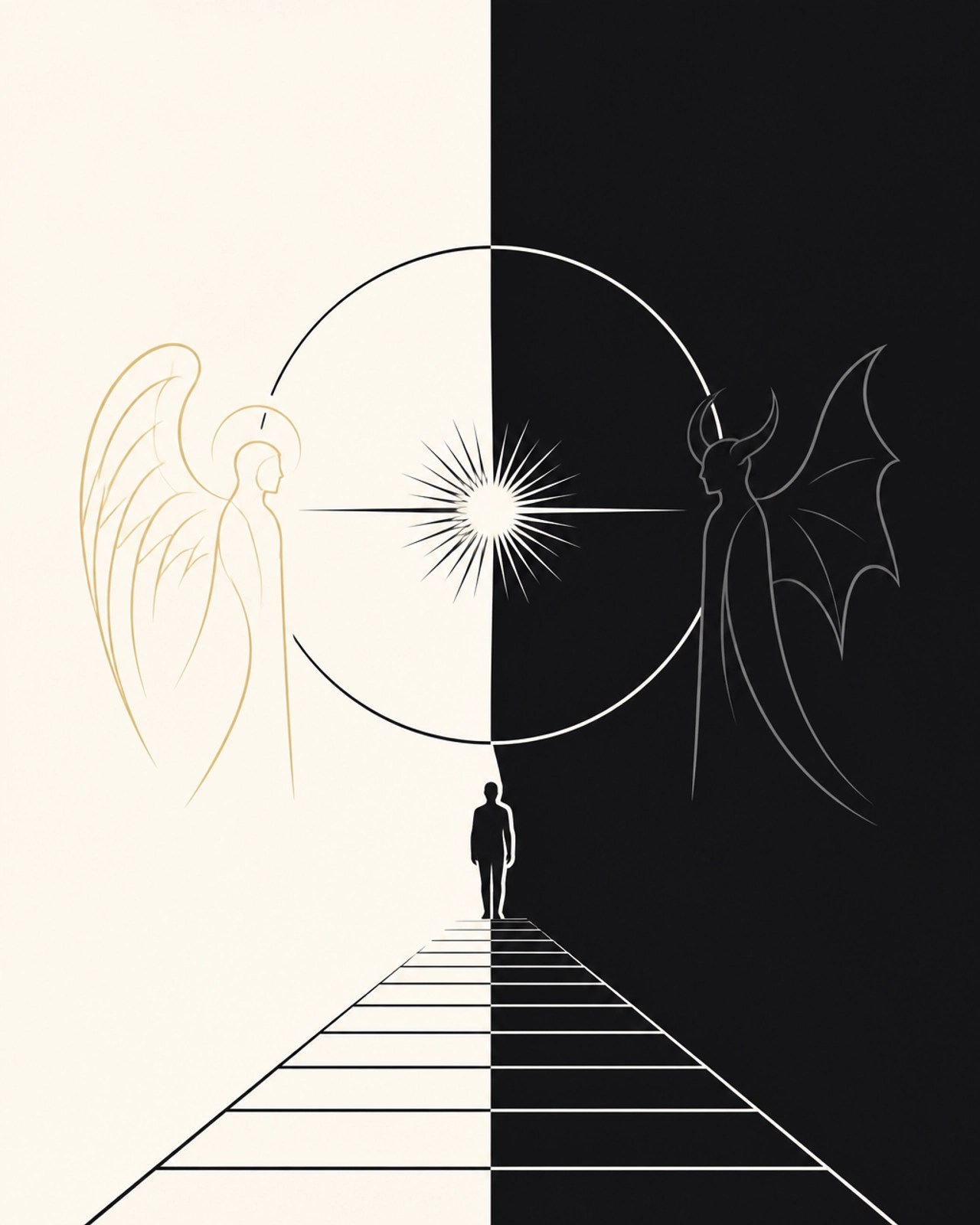 Abstract contrast of light and shadow representing spiritual conflict.