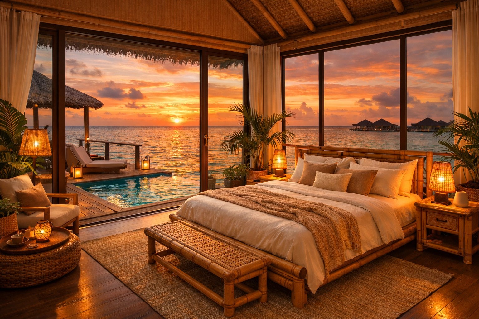 Eco-luxury overwater villa with sustainable bamboo furniture overlooking Maldives sunset
