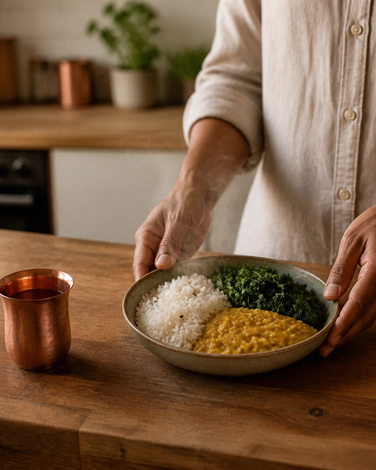 Hands arranging a balanced Ayurvedic meal of rice, greens, and dhal, emphasizing the ritual of nutrition.
