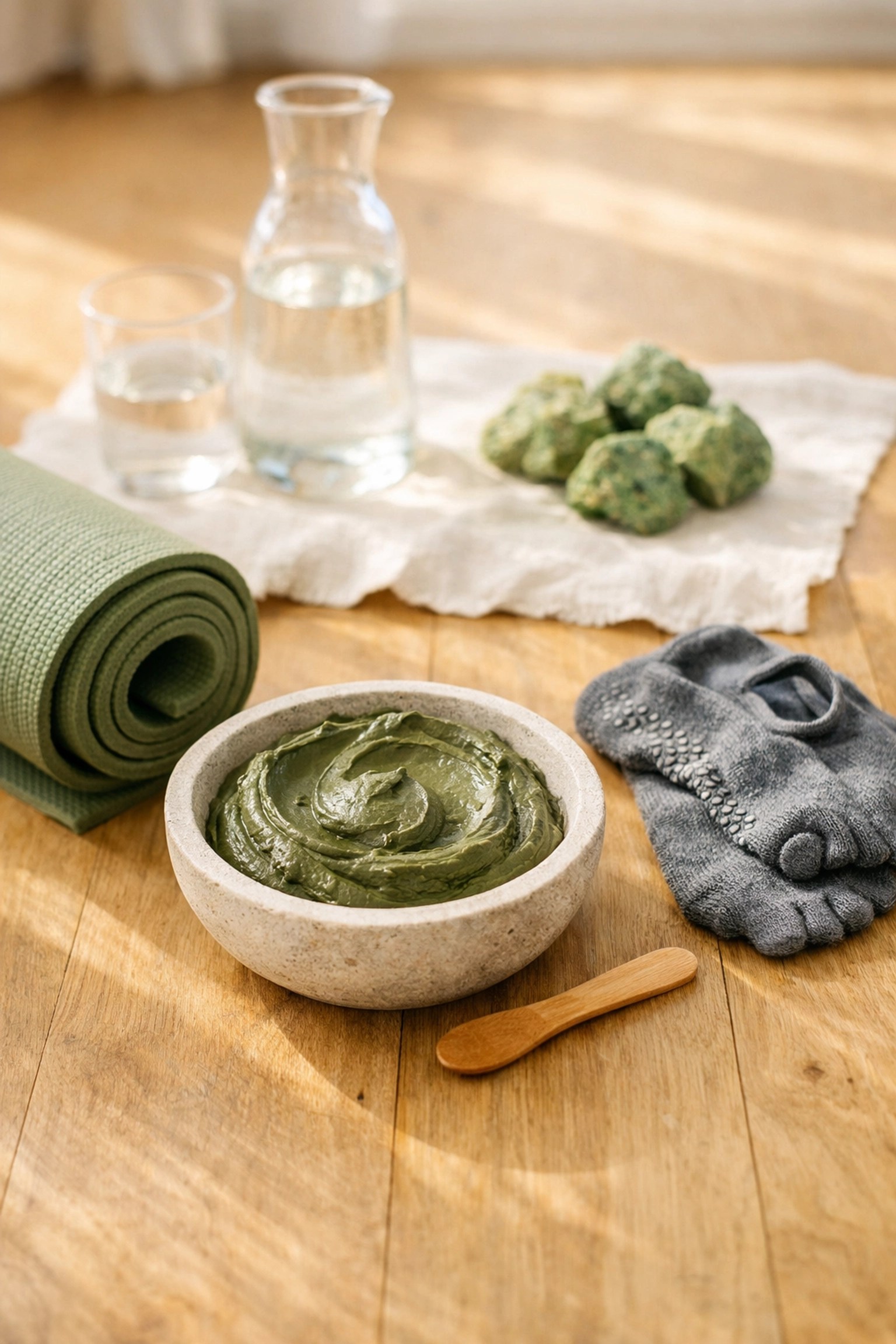Natural French green clay paste and a Pilates mat for muscle recovery and inflammation relief.