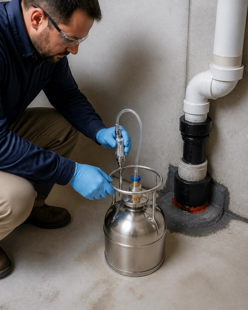 Environmental professional collecting an indoor-air sample near sub-slab vapor mitigation equipment