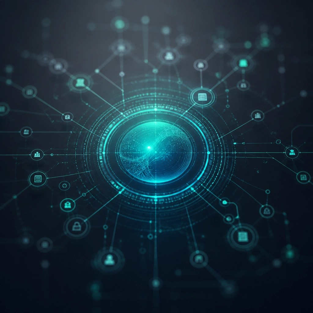 Nova represented as a secure, calm intelligence layer within an architectural business workflow network