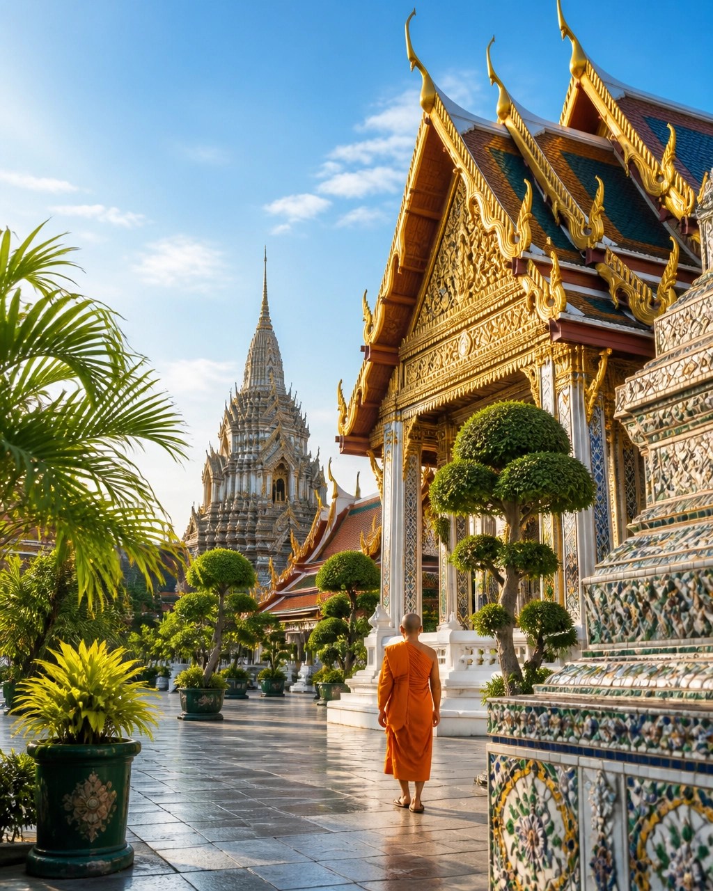 Golden Thai temple courtyard in Bangkok with tropical greenery and a monk in respectful distance