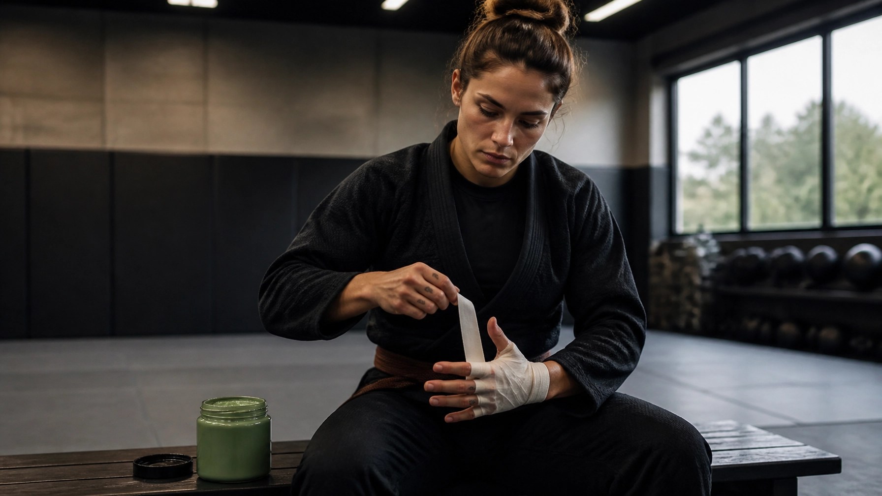 Athlete preparing her gear and wrapping her hands next to a jar of green clay