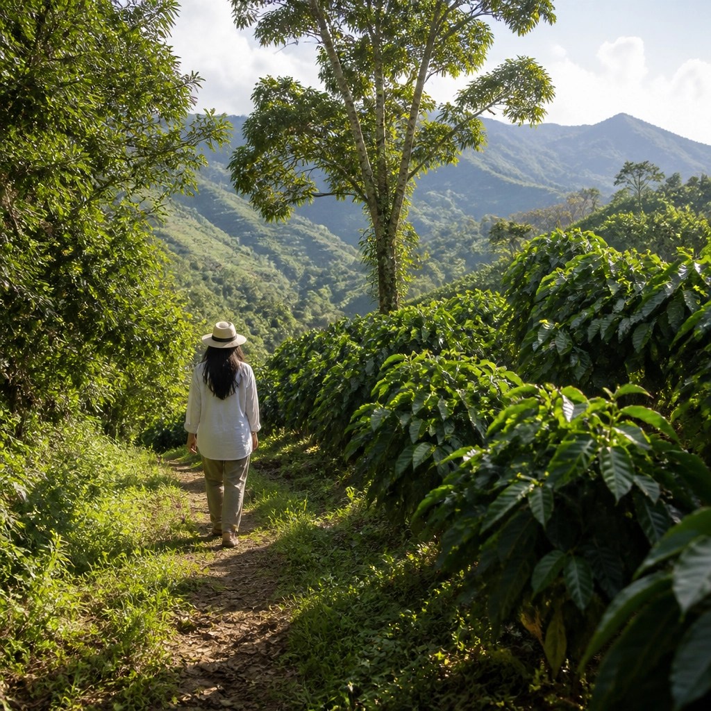 Persona caminando conscientemente en un entorno natural colombiano