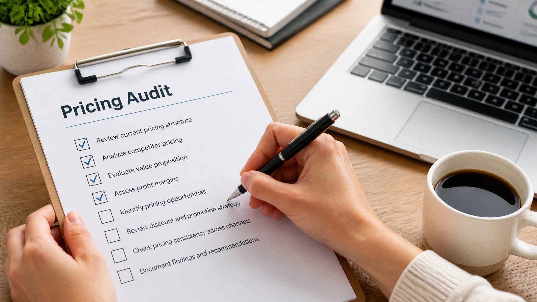 Hand checking off a Pricing Audit checklist