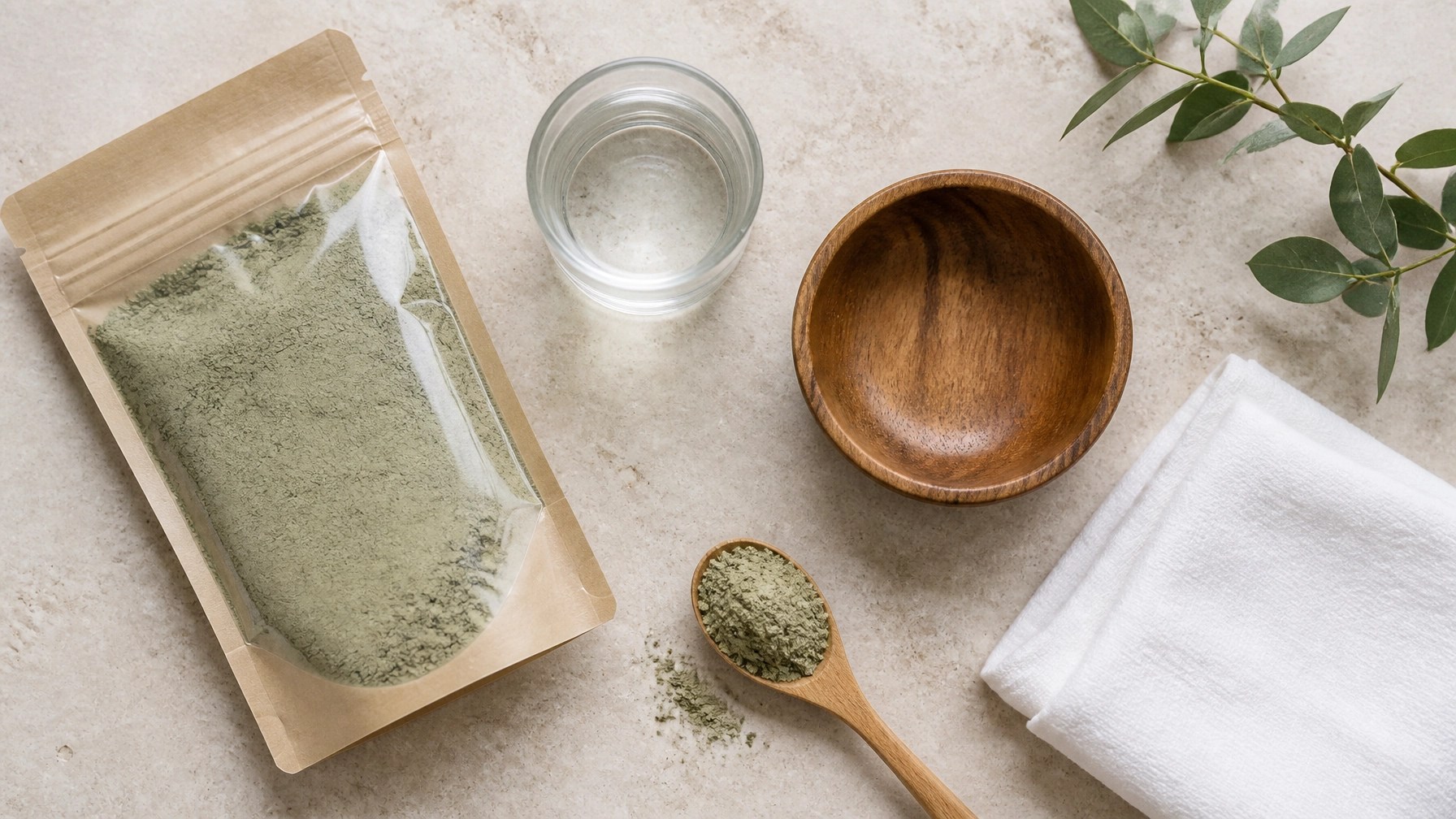 A minimalist flat lay of green clay powder, a wooden bowl, a glass of water, and a white cloth on a stone surface.