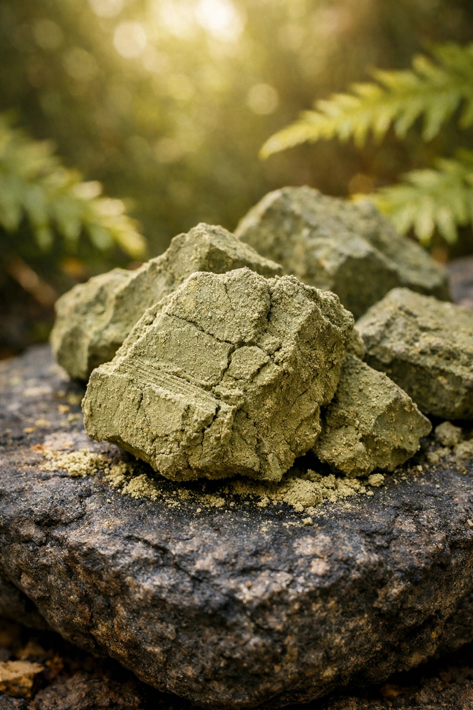 Raw chunks of sun-dried French green clay on a basalt stone showing natural mineral texture.