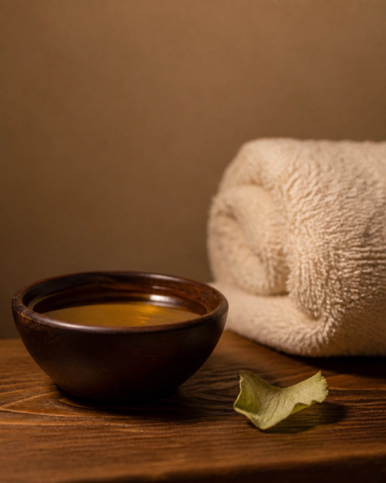 A wooden bowl of warm oil and a cream cotton towel on a neutral background for evening relaxation