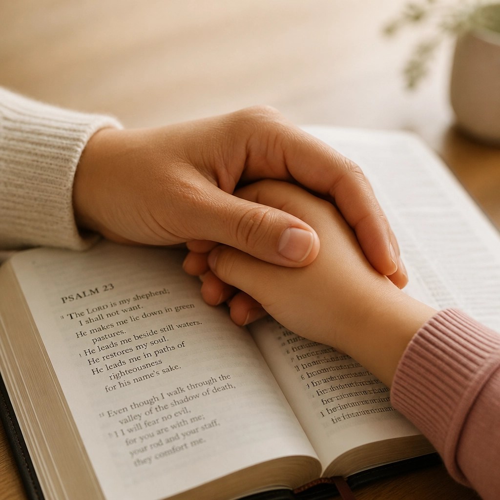 A parent's hand holding a child's hand gently over an open Bible.