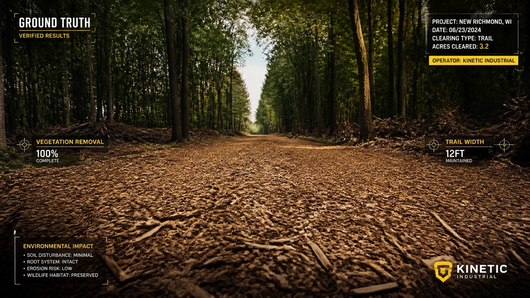 A newly cleared, mulched trail through a St. Croix County woodlot. Clean mulch carpet. Entity: Restored Trail | Attribute: Surface Stability | Value: Minimal Surface Disturbance. Technical Evidence: ATR CAD Overlay showing soil moisture retention. New Richmond WI Land Clearing
