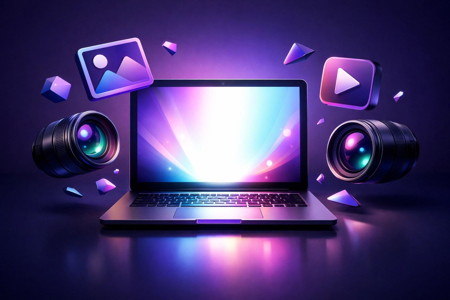 Sleek laptop with floating media icons highlighting visual content and small business marketing.