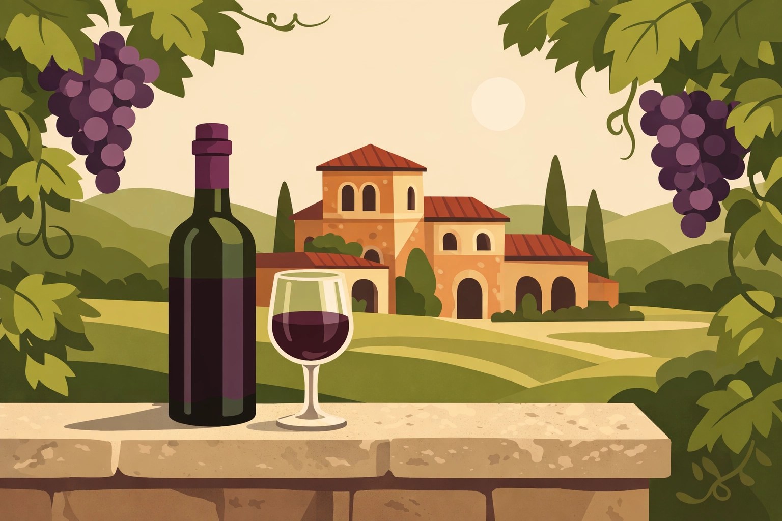 Bottle of wine and a glass on a ledge overlooking a Mediterranean-style winery villa.