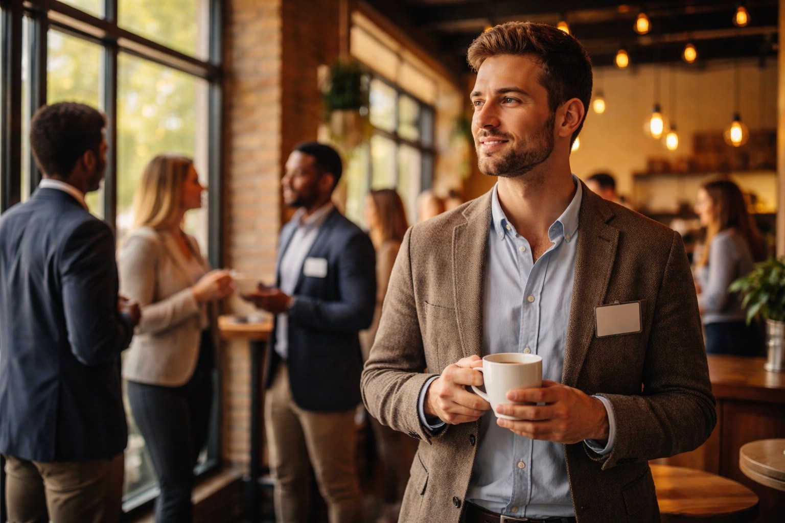 Young professional standing with coffee, observing a small group at a business networking event in Indianapolis.