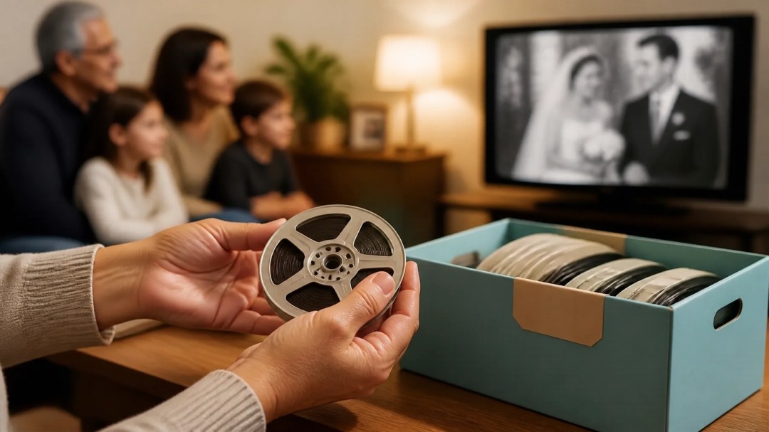 A family member carefully holding an 8mm film reel while relatives watch a wedding film