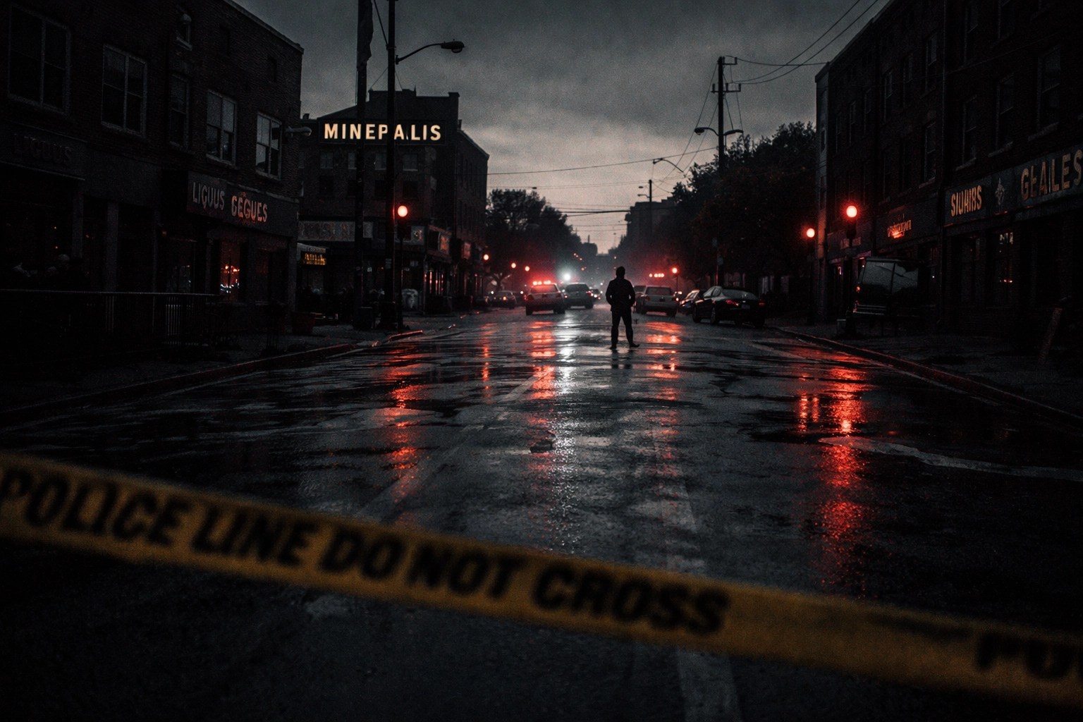 Minneapolis city street at dusk cordoned by police after ICE shooting, emergency lights reflect on wet pavement