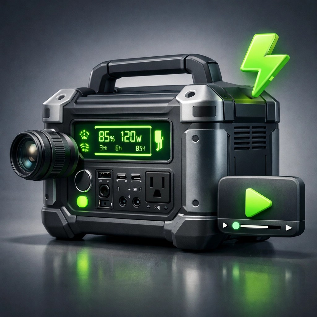 Portable power station with video and media icons representing reliable backup power for small business technology.