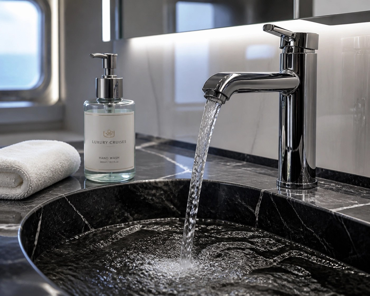 Luxury cruise ship cabin sink with soap and running water for effective handwashing and hygiene.