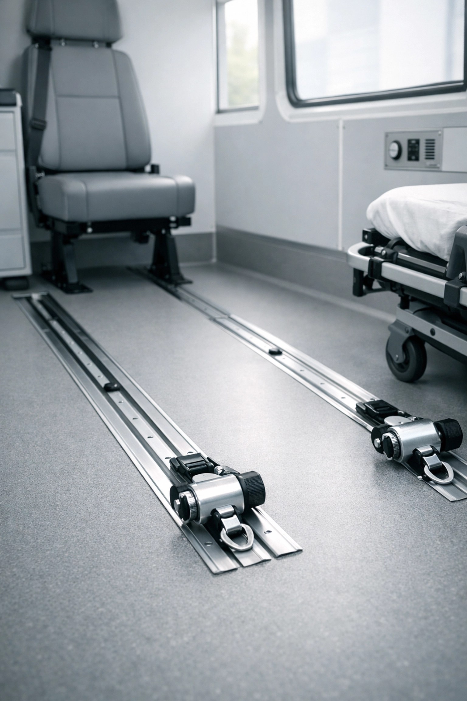 Clean interior of a specialized medical transport vehicle featuring secure wheelchair tie-down tracks.