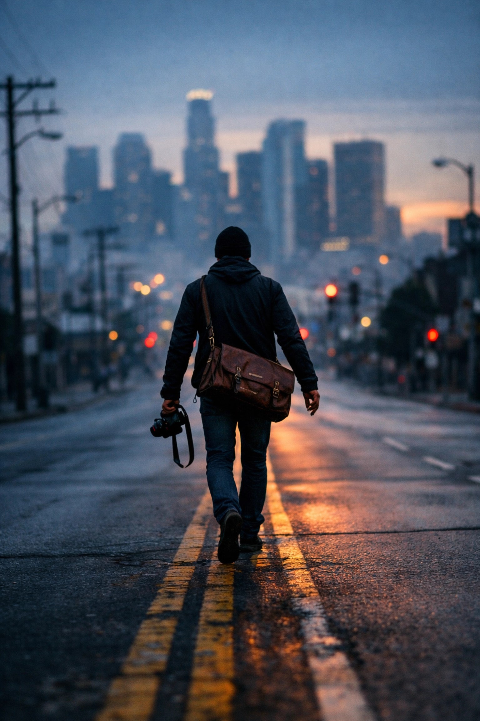 A traveler walking away from corporate skyscrapers at dawn, heading toward a more fulfilling, creative future.