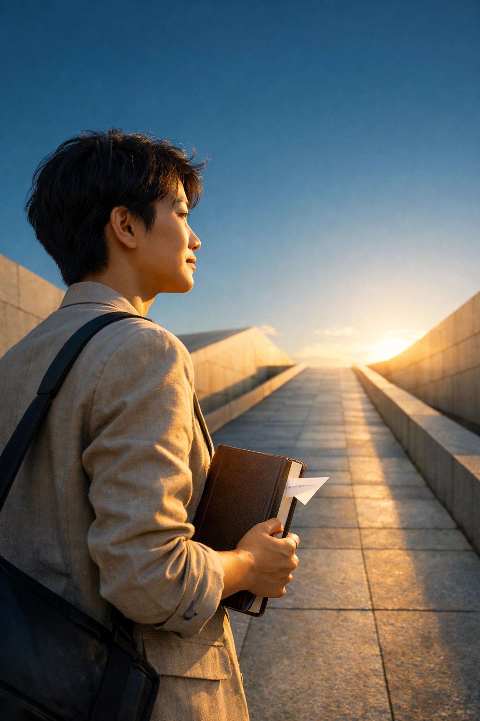 Professional standing at a crossroads, symbolizing self-directed career navigation and future planning.