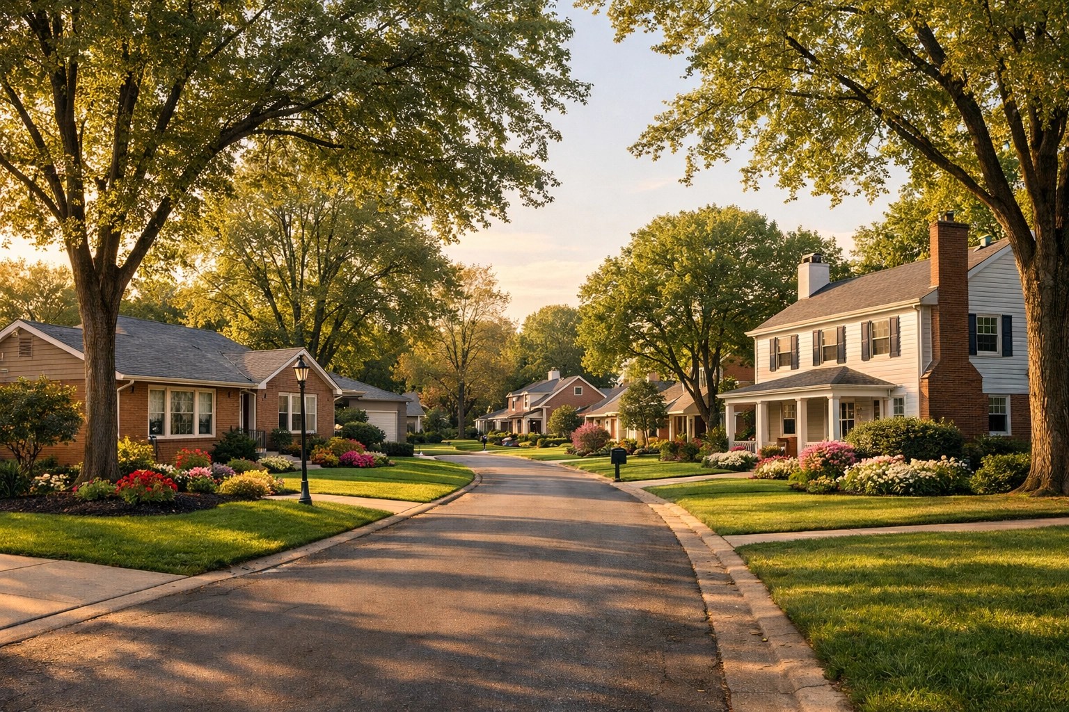 Quiet tree-lined residential street with brick homes in a Montgomery County neighborhood.