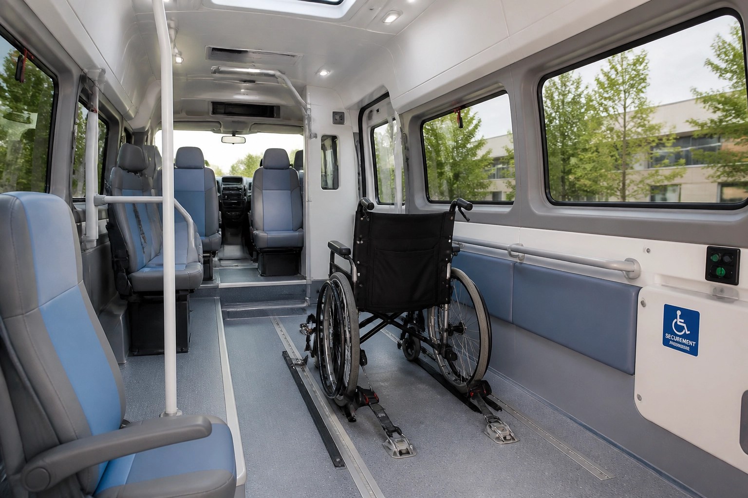 Safe and hygienic interior of a non-emergency medical transport vehicle with wheelchair-accessible space.