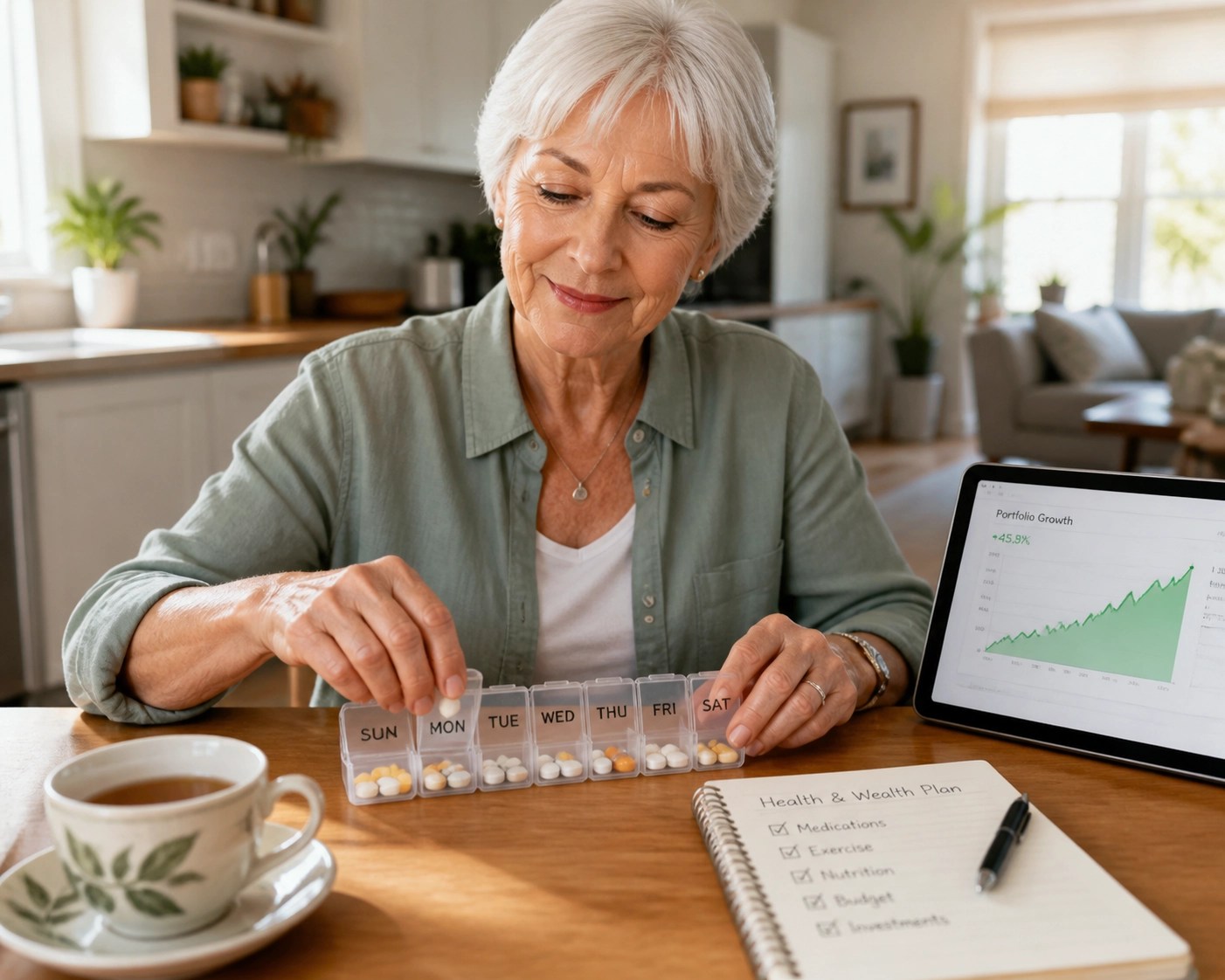 Senior woman managing Medicare prescription costs and health budget with a digital tablet and medication organizer.