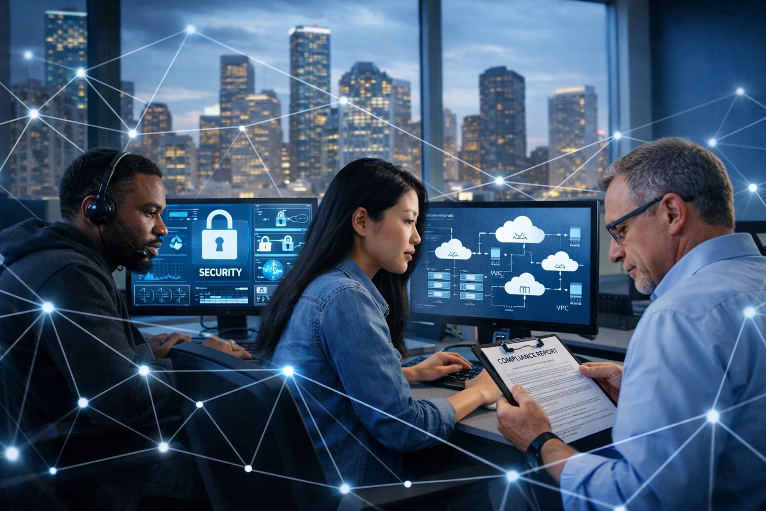 IT specialists working on cybersecurity and cloud infrastructure in Houston tech office